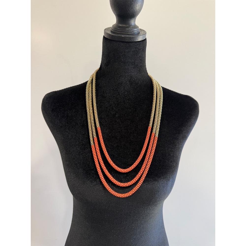 Gold and Orange Multi Strand Beaded Statement Necklace Tiered Colorblock
